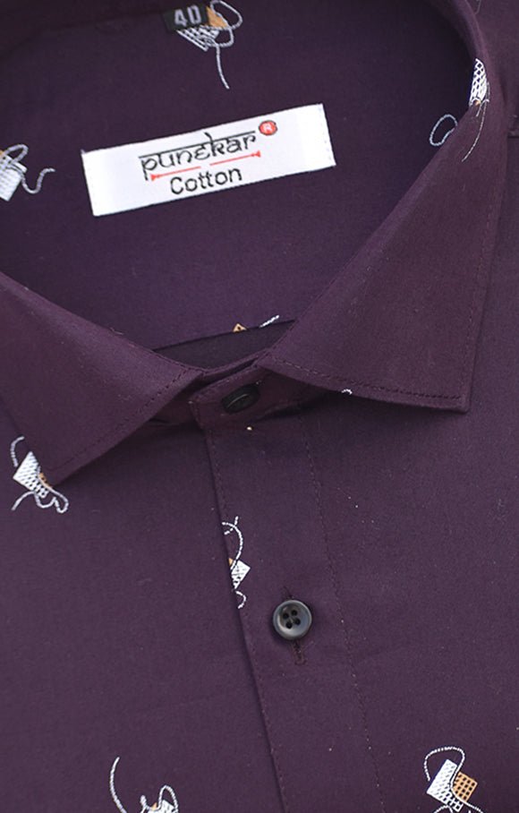 Punekar Cotton Printed Dark Purple Color Pure Cotton Handmade Shirt For Men&