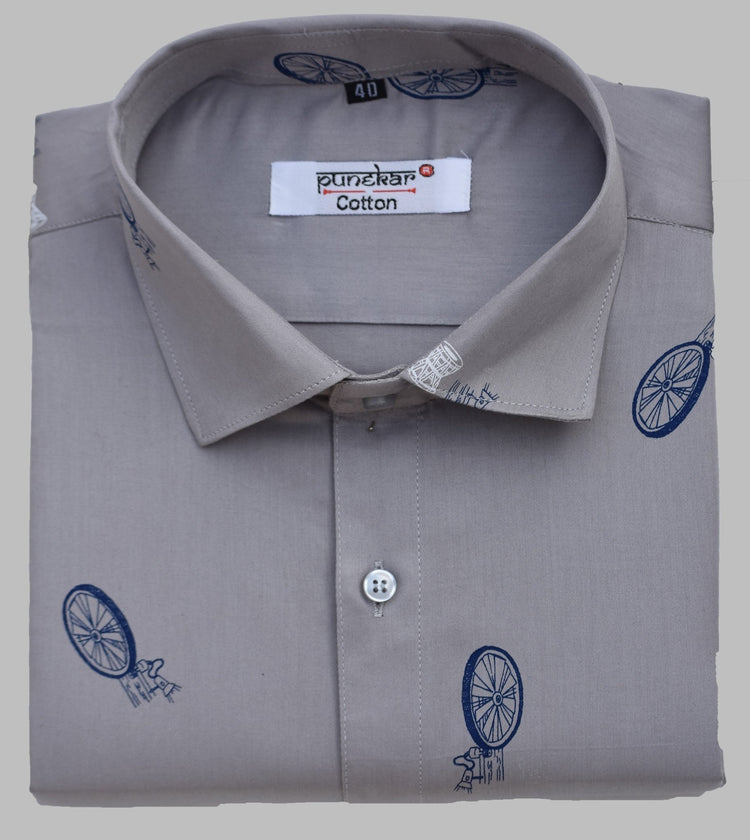 Punekar Cotton Printed Solid Grey Color Pure Cotton Handmade Shirt For Men's. - Punekar Cotton