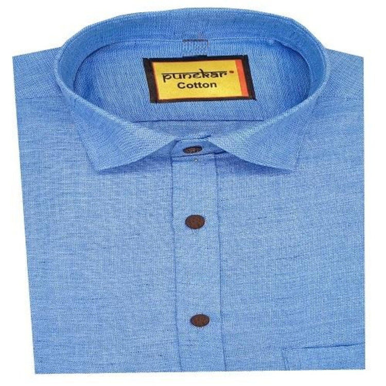 Punekar Cotton Satin Blue Color Full Sleeves Formal Shirt for Men's. - Punekar Cotton