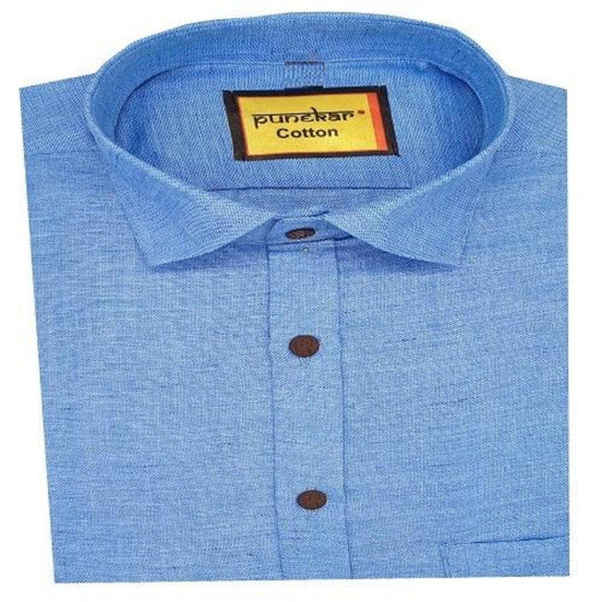 Punekar Cotton Satin Blue Color Full Sleeves Formal Shirt for Men's. - Punekar Cotton