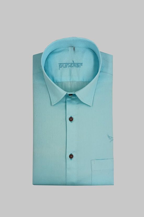 Punekar Cotton Satin Sky Blue Color Full Sleeves Formal Shirt for Men's. - Punekar Cotton