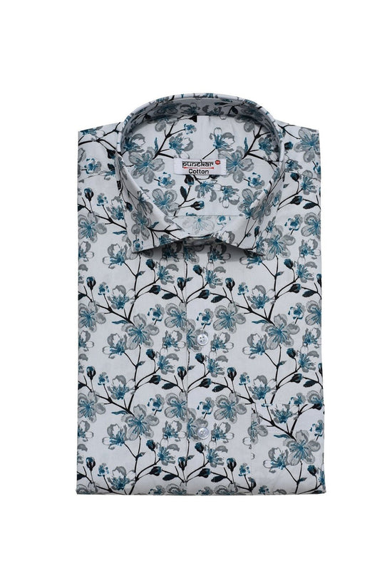 Punekar Cotton White Blue Color Printed Pure Cotton Handmade Formal Shirt for Men's. - Punekar Cotton