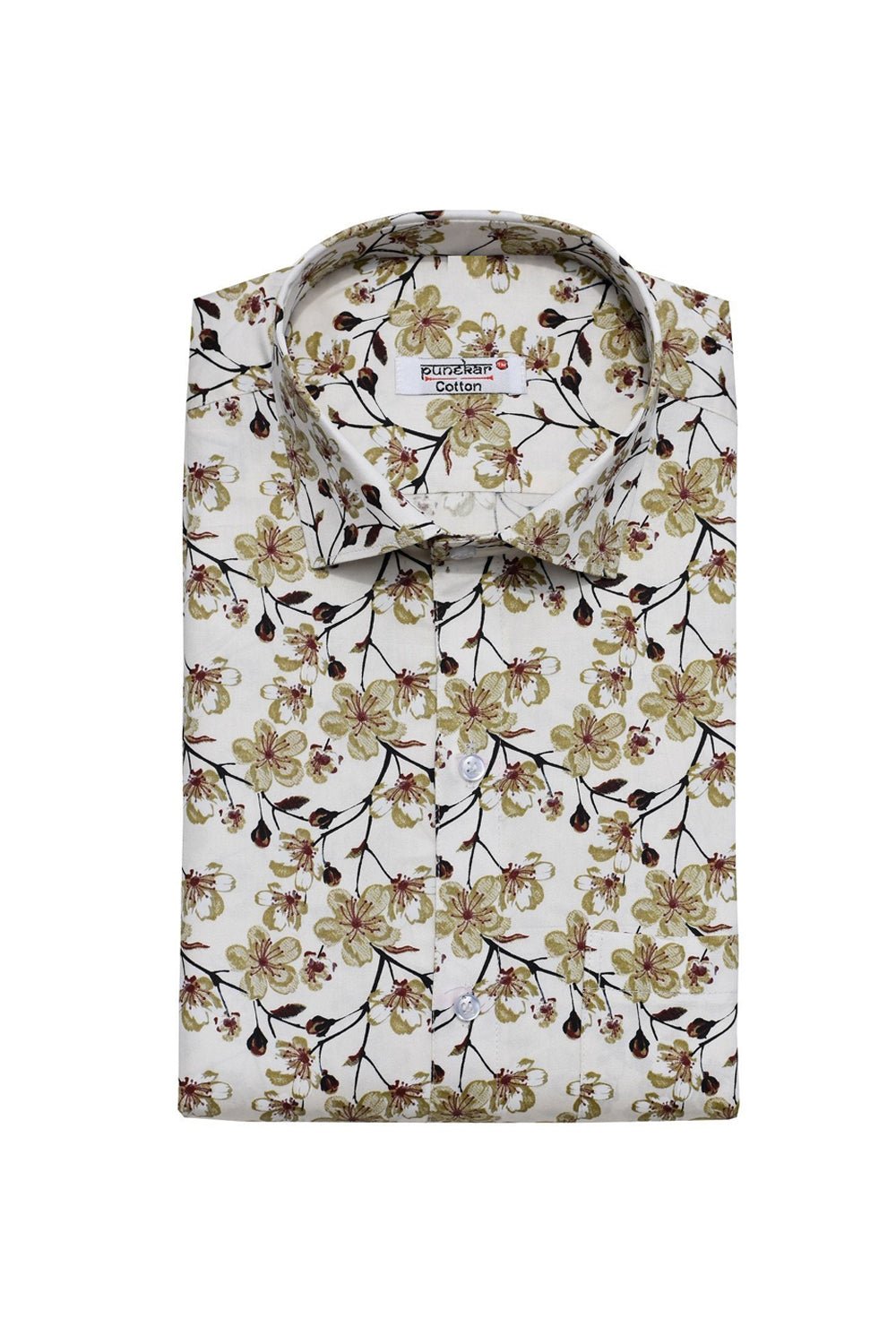 Punekar Cotton White Brown Color Printed Pure Cotton Handmade Formal Shirt for Men's. - Punekar Cotton