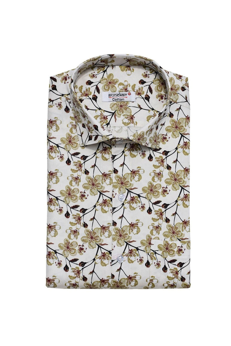 Punekar Cotton White Brown Color Printed Pure Cotton Handmade Formal Shirt for Men's. - Punekar Cotton