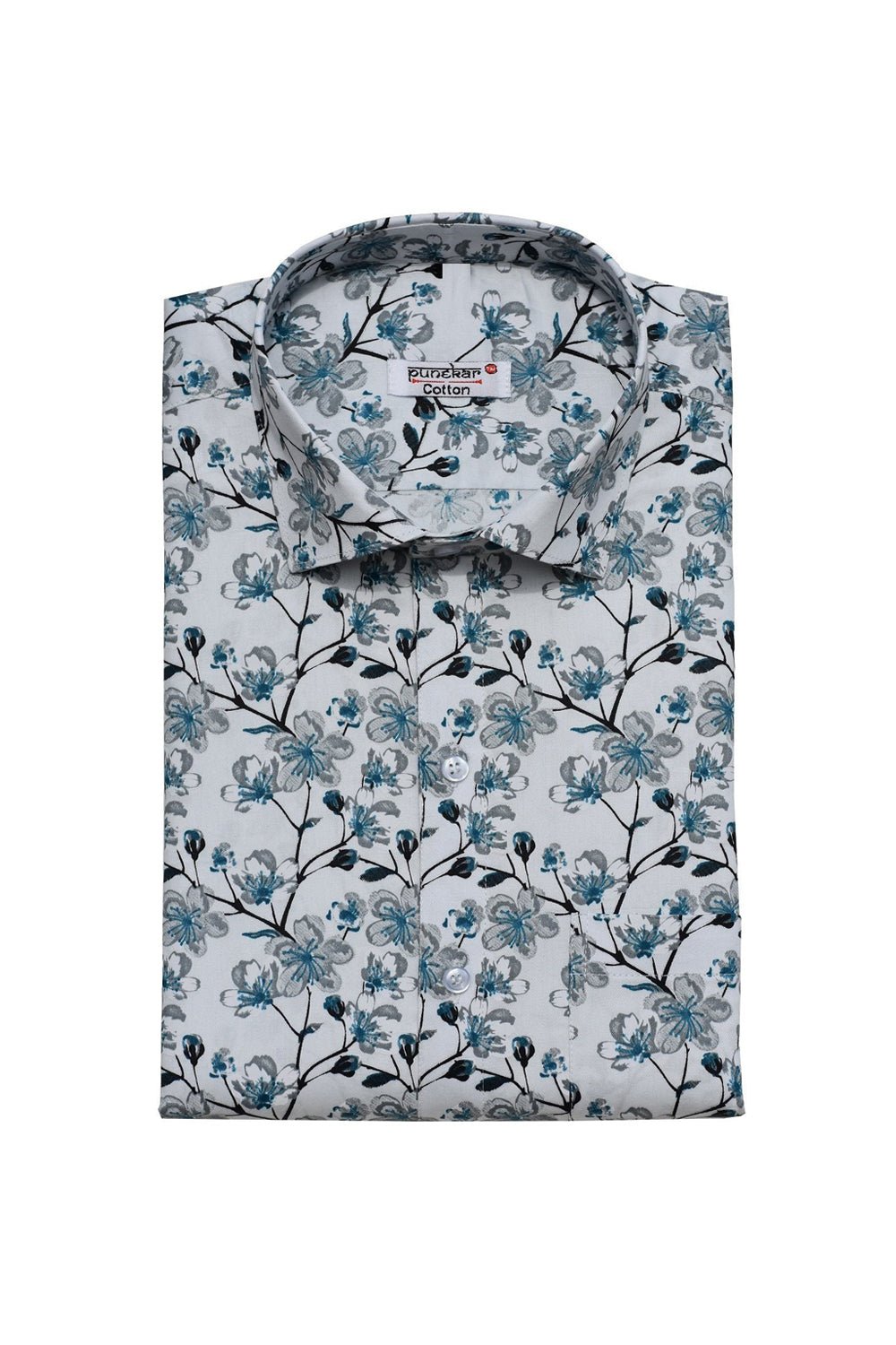 Punekar Cotton White Green Color Printed Pure Cotton Handmade Formal Shirt for Men&