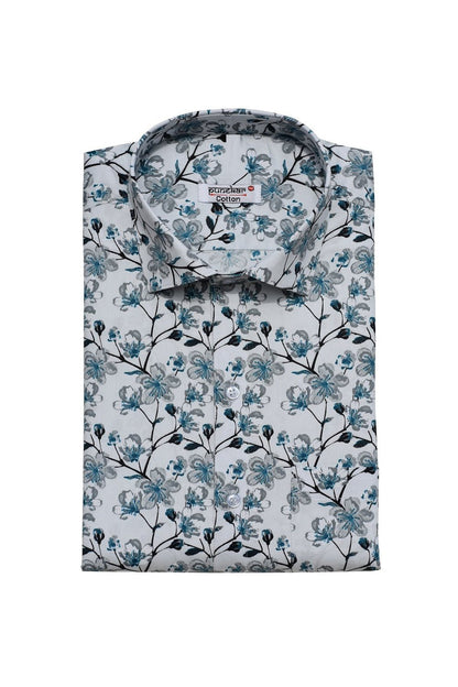 Punekar Cotton White Green Color Printed Pure Cotton Handmade Formal Shirt for Men&