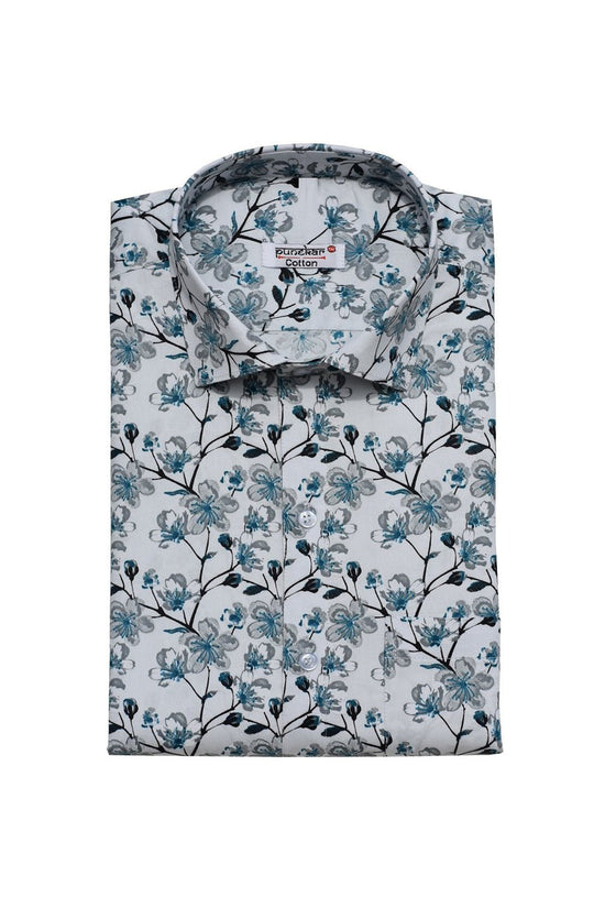 Punekar Cotton White Green Color Printed Pure Cotton Handmade Formal Shirt for Men's. - Punekar Cotton