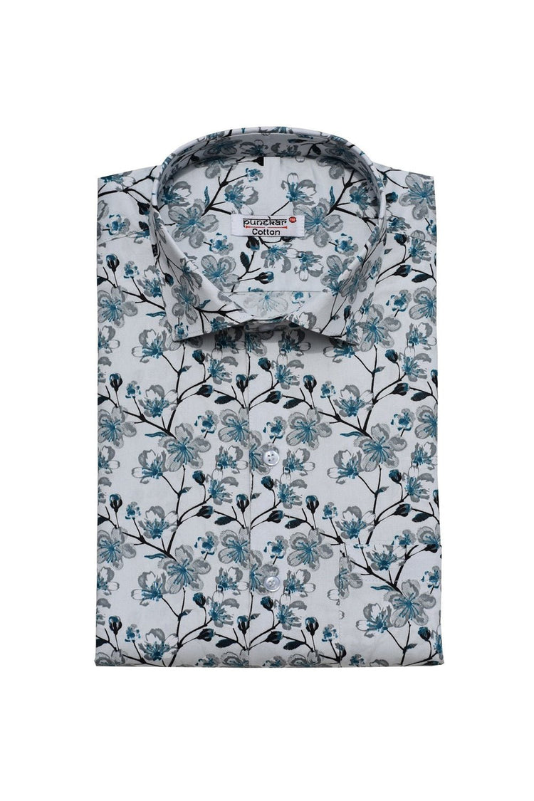 Punekar Cotton White Green Color Printed Pure Cotton Handmade Formal Shirt for Men's. - Punekar Cotton