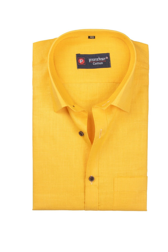 Punekar Cotton Yellow Color Silky Linen Cotton Shirt for Men's. - Punekar Cotton