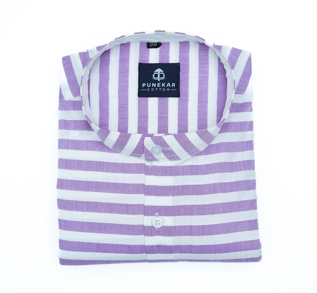 Purple Color Stand Collar Strips Shirts For Men - Punekar Cotton
