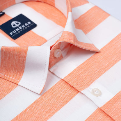 Salmon Orange Color Cotton Stripe Shirt For Men - Punekar Cotton