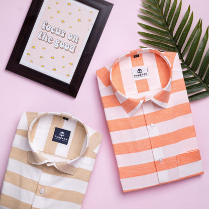 Salmon Orange Color Cotton Stripe Shirt For Men - Punekar Cotton