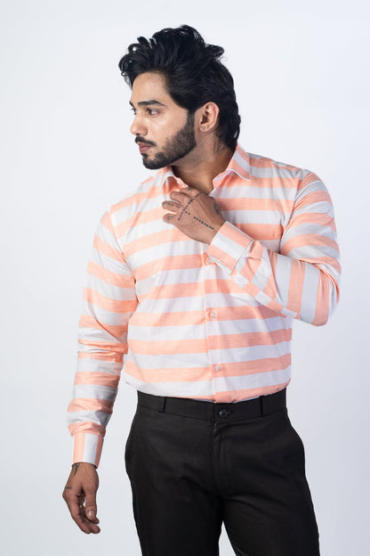 Salmon Orange Color Cotton Stripe Shirt For Men - Punekar Cotton