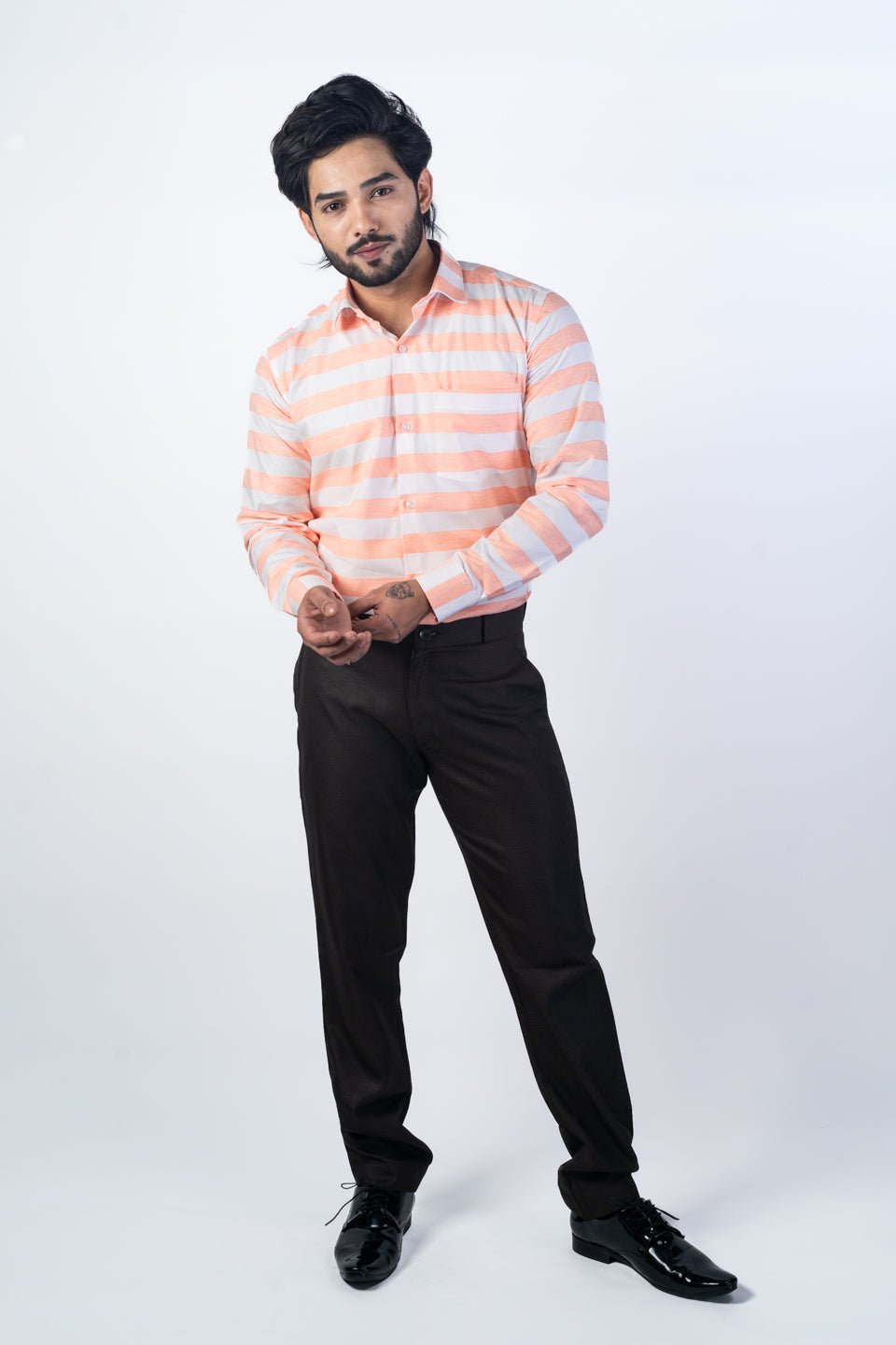 Salmon Orange Color Cotton Stripe Shirt For Men - Punekar Cotton