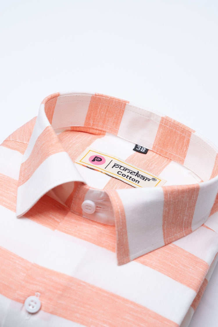 Salmon Orange Color Pure Cotton Stripe Shirt For Men - Punekar Cotton