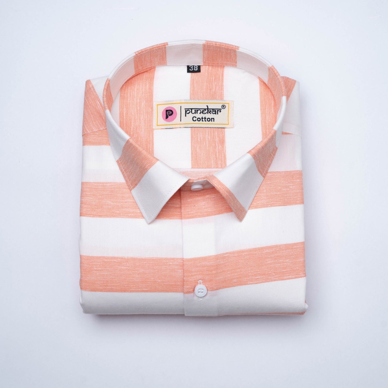 Salmon Orange Color Pure Cotton Stripe Shirt For Men - Punekar Cotton