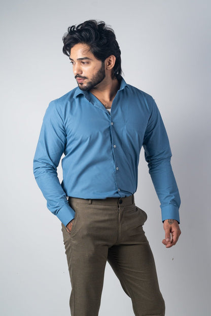 Sea Blue Color Lycra Twill Cotton Shirt For Men - Punekar Cotton