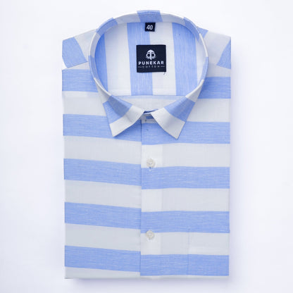 Sky Blue Color Cotton Stripe Shirt For Men - Punekar Cotton