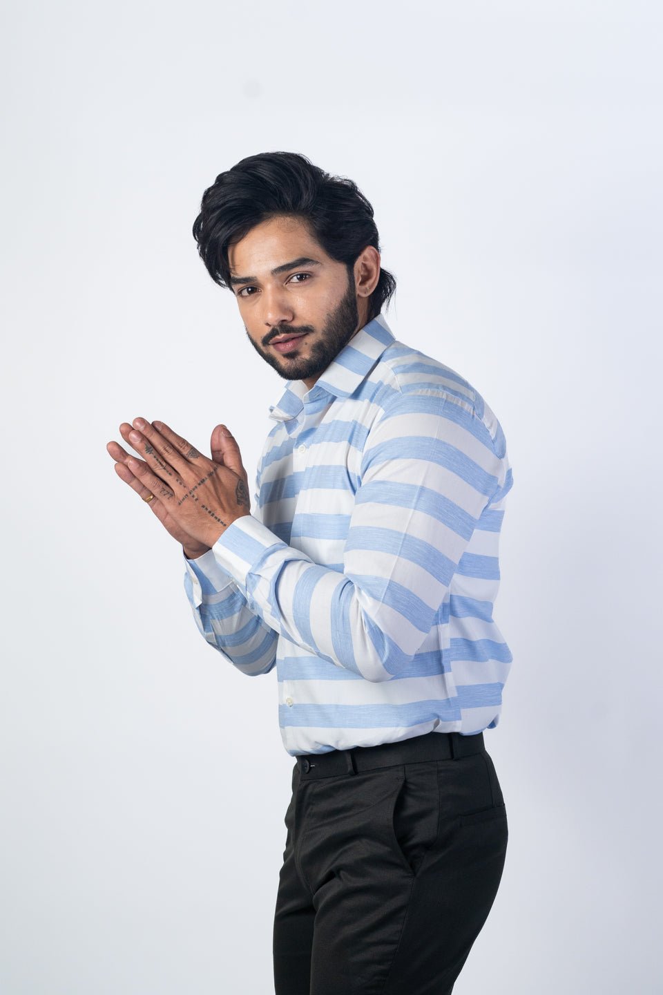 Sky Blue Color Cotton Stripe Shirt For Men - Punekar Cotton