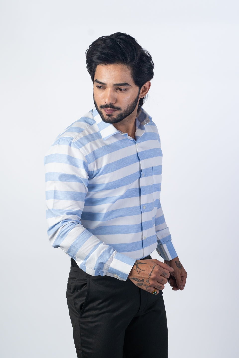 Sky Blue Color Cotton Stripe Shirt For Men - Punekar Cotton