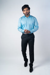 Sky Blue Color Micro Checks Texture Satin Cotton Shirt For Men - Punekar Cotton