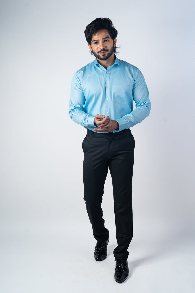 Sky Blue Color Micro Checks Texture Satin Cotton Shirt For Men - Punekar Cotton