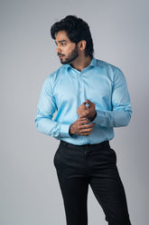 Sky Blue Color Micro Checks Texture Satin Cotton Shirt For Men - Punekar Cotton