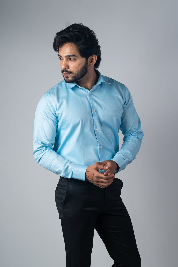 Sky Blue Color Micro Checks Texture Satin Cotton Shirt For Men - Punekar Cotton