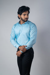 Sky Blue Color Micro Checks Texture Satin Cotton Shirt For Men - Punekar Cotton
