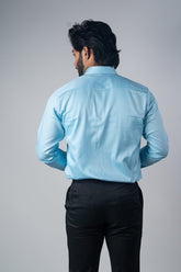 Sky Blue Color Micro Checks Texture Satin Cotton Shirt For Men - Punekar Cotton