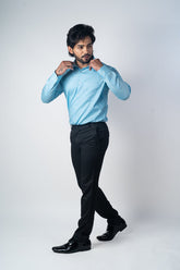Sky Blue Color Micro Checks Texture Satin Cotton Shirt For Men - Punekar Cotton