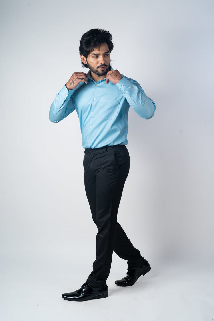 Sky Blue Color Micro Checks Texture Satin Cotton Shirt For Men - Punekar Cotton