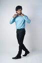 Sky Blue Color Micro Checks Texture Satin Cotton Shirt For Men - Punekar Cotton