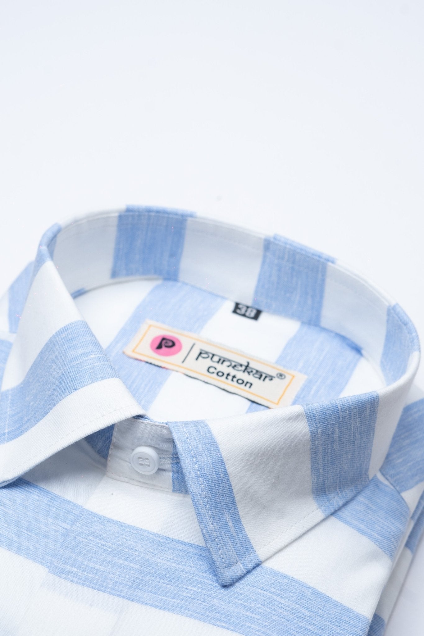 Sky Blue Color Pure Cotton Stripe Shirt For Men - Punekar Cotton