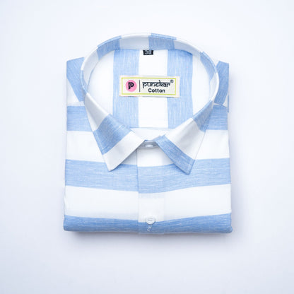 Sky Blue Color Pure Cotton Stripe Shirt For Men - Punekar Cotton