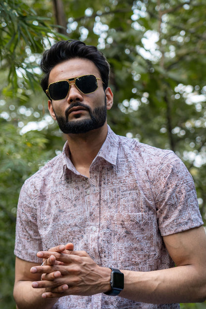 Tan Brown Color Popcorn Moroccan Printed Shirt For Men - Punekar Cotton