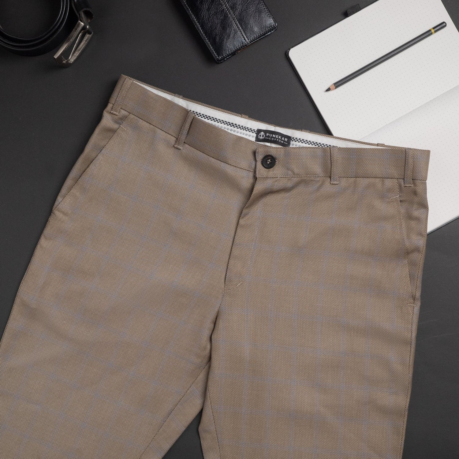 Tan color check blend cotton trousers pant for men - Punekar Cotton