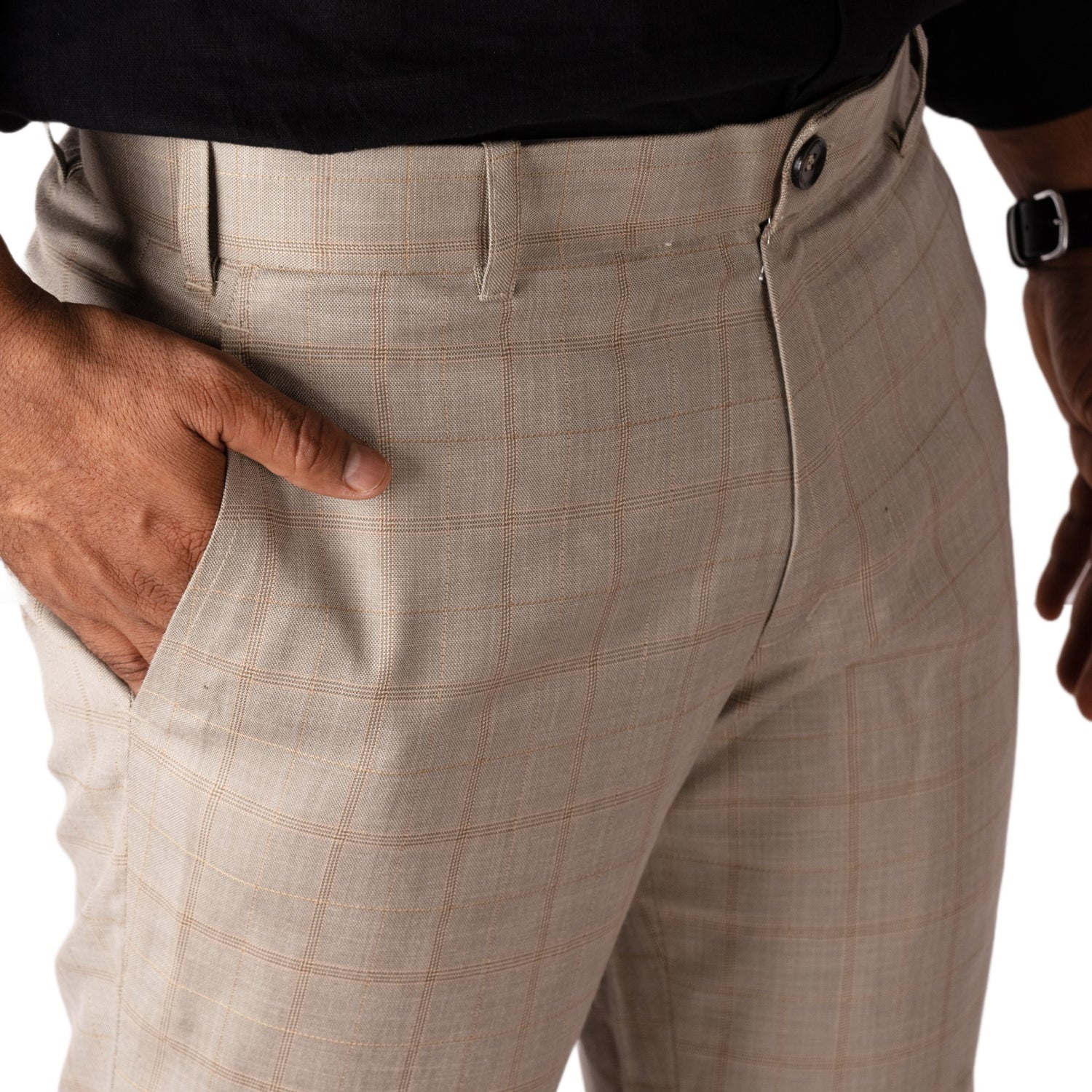 Tan color check blend cotton trousers pant for men