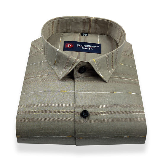 Tan Color Pure Cotton Panelled Butta Stripes Shirts For Men's - Punekar Cotton