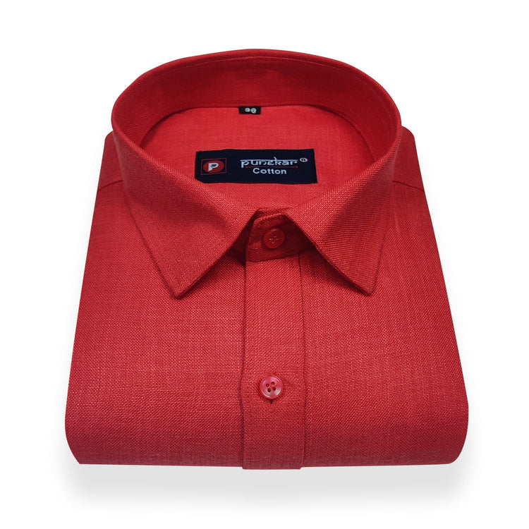Tomato Red Color Blende Linen Shirt For Men's - Punekar Cotton