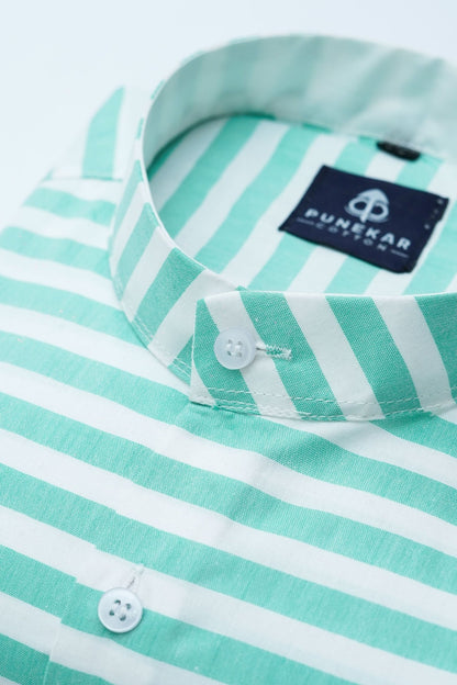 Valley green Color Stand Collar Strips Shirts For Men - Punekar Cotton