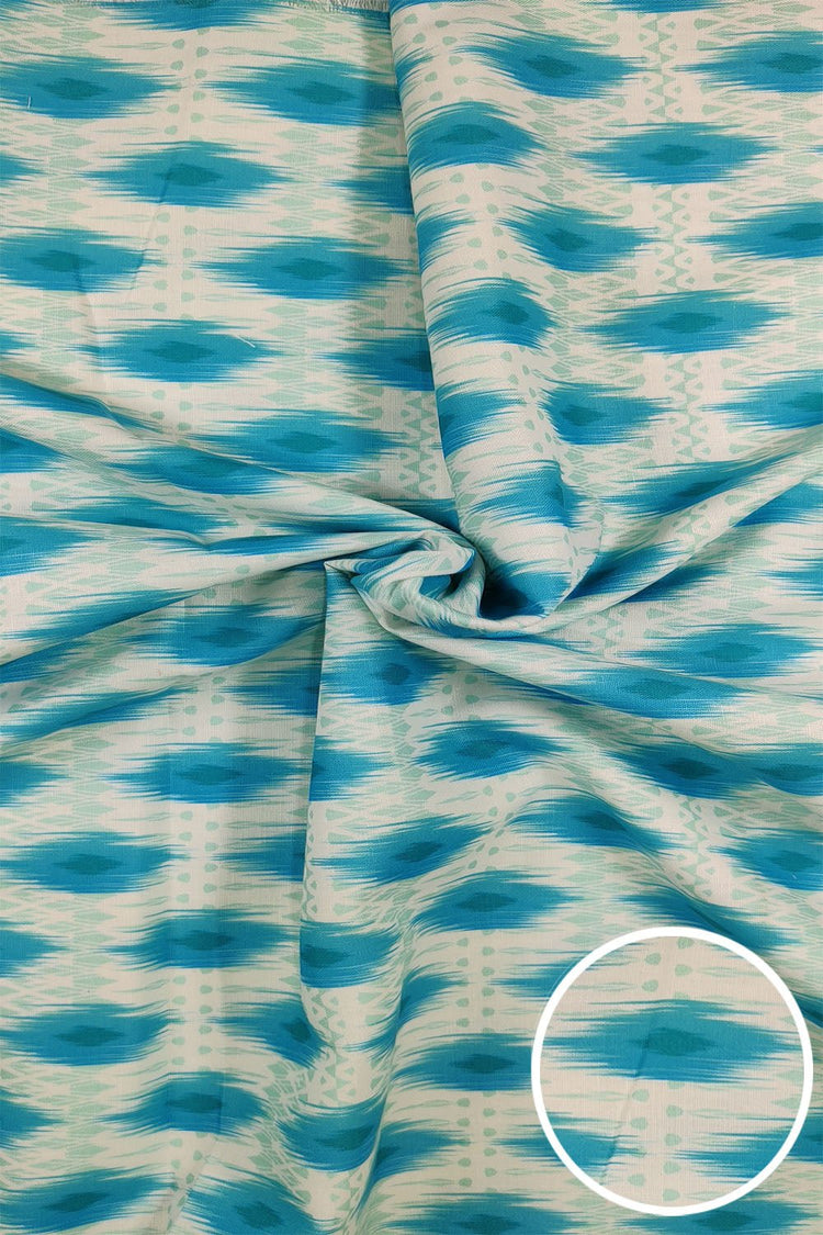 White Blue Color Printed Unstitched Linen Fabric - Punekar Cotton