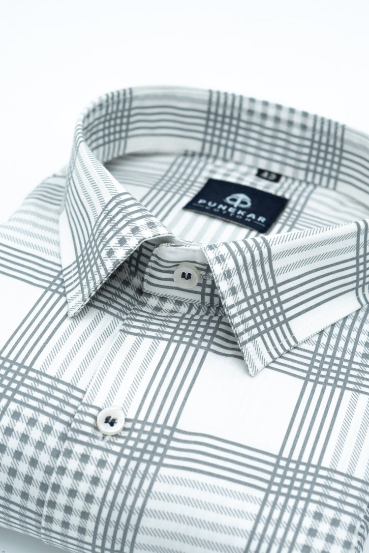 White Color Check Lexus Printed Shirts For Men's - Punekar Cotton