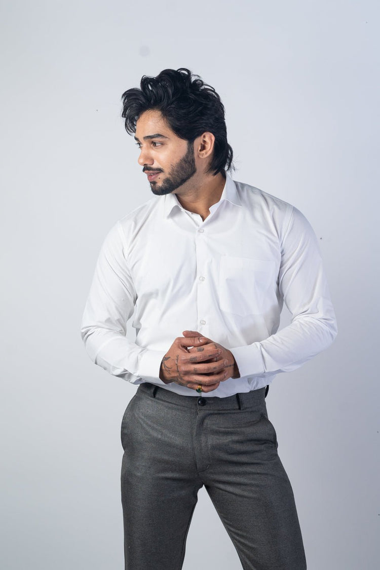 White Color Lycra Twill Cotton Shirt For Men - Punekar Cotton