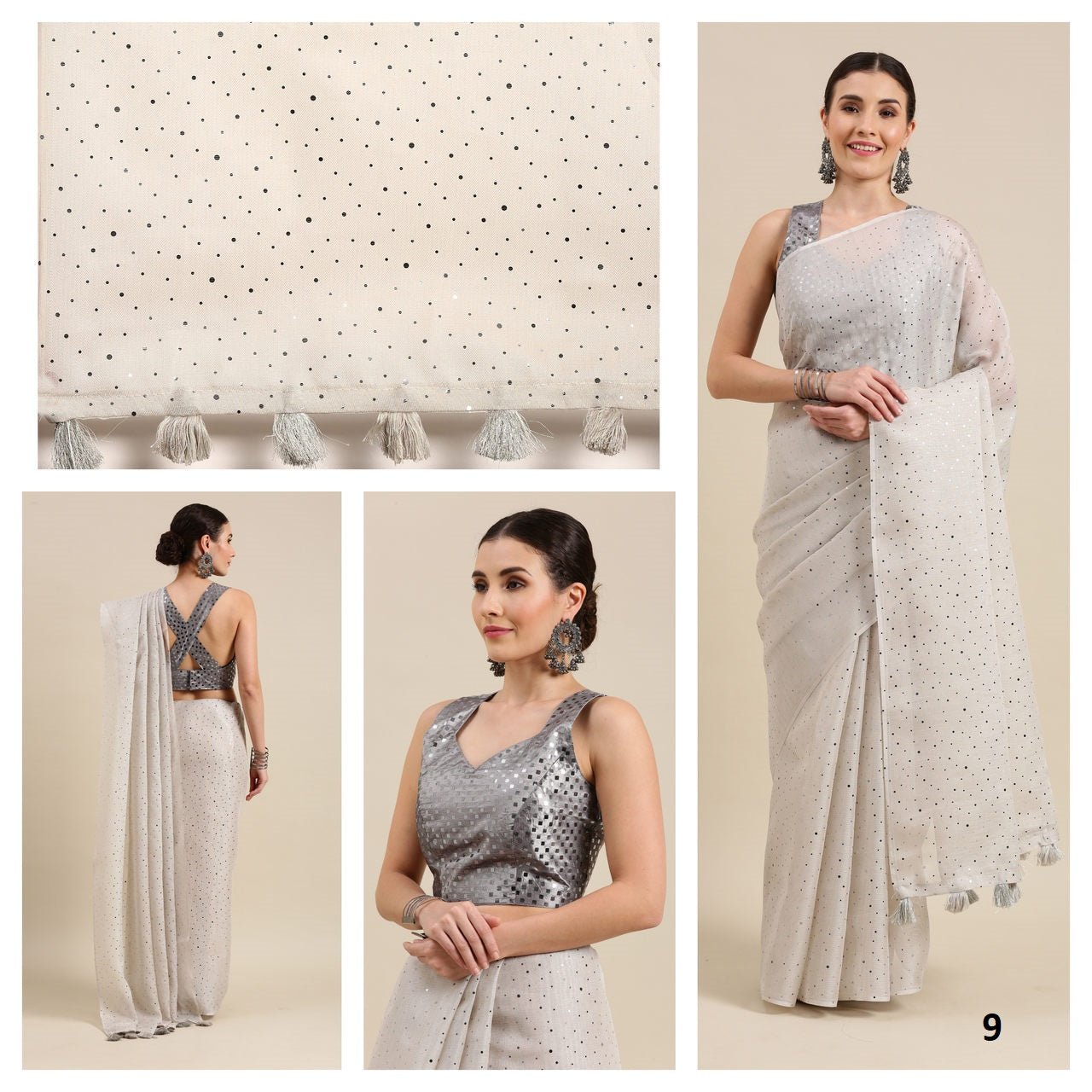 White Color Sequence Silk Border Cotton Blend Saree. - Punekar Cotton