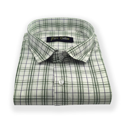 White-Green Color Poly Cotton Casual Checked Shirt For Men - Punekar Cotton