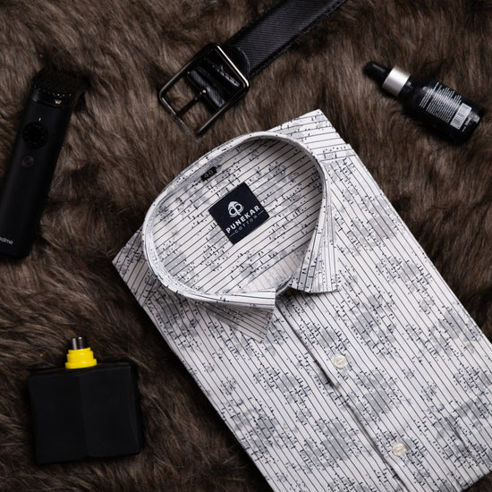 White Grey Color Floral Lining Printed Shirt For Men - Punekar Cotton
