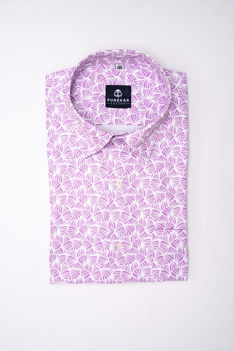 White Pink Color Leaf Printed Shirt For Men - Punekar Cotton