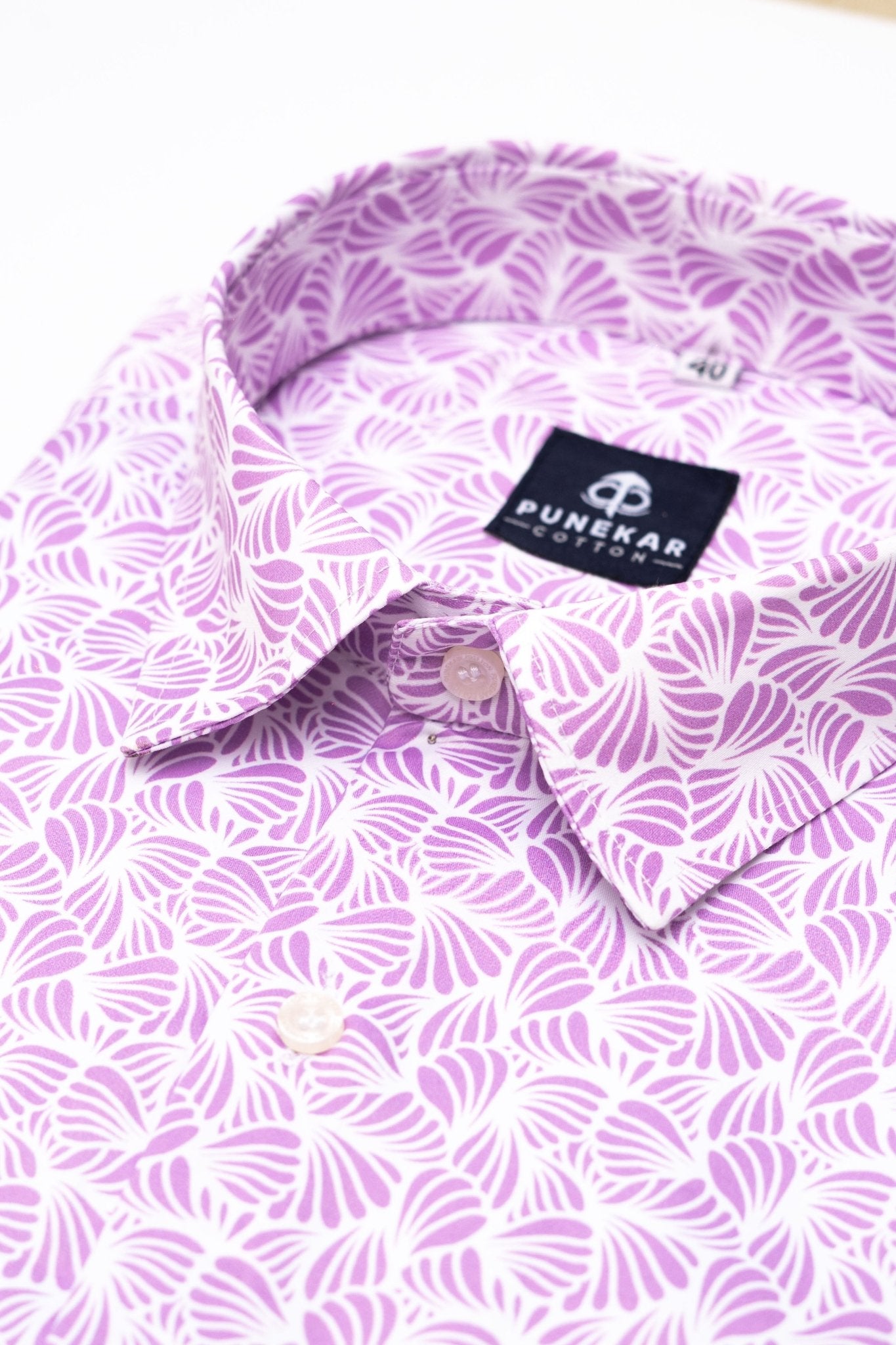 White Pink Color Leaf Printed Shirt For Men - Punekar Cotton
