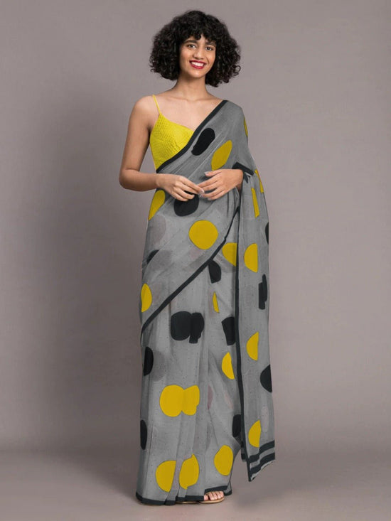 Yellow And Grey Color Chenderi Linen Cotton Sarees - Punekar Cotton